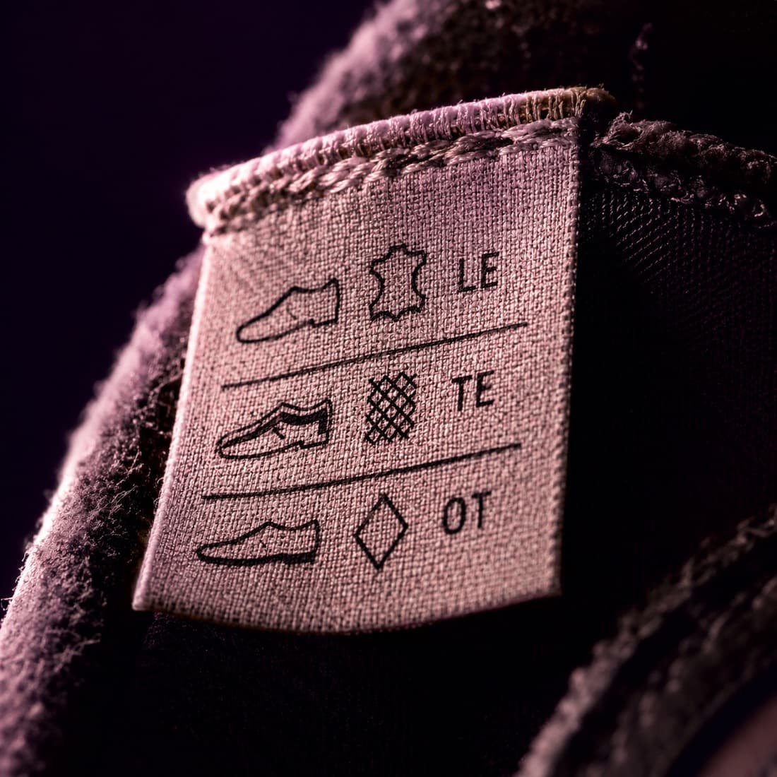 The sewn-in EU footwear material label with its three pictogram rows